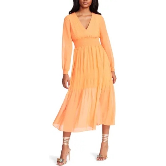 Steve Madden Dresses & Skirts - Steve Madden Nylah Amber Orange Smocked Long Sleeve V-Neck Midi Dress Size L NWT
